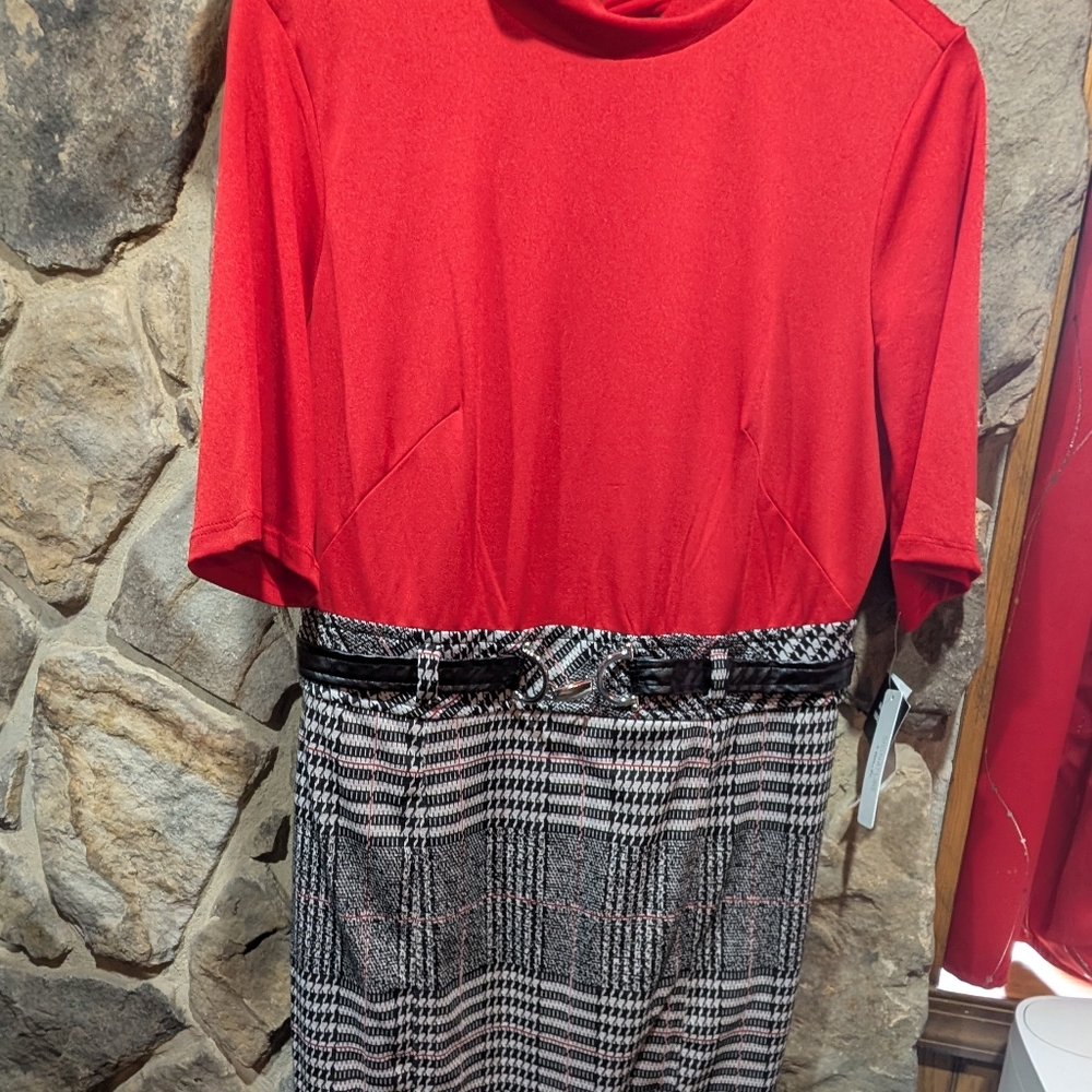 Chic Red Top with Plaid Skirt and Black Belt